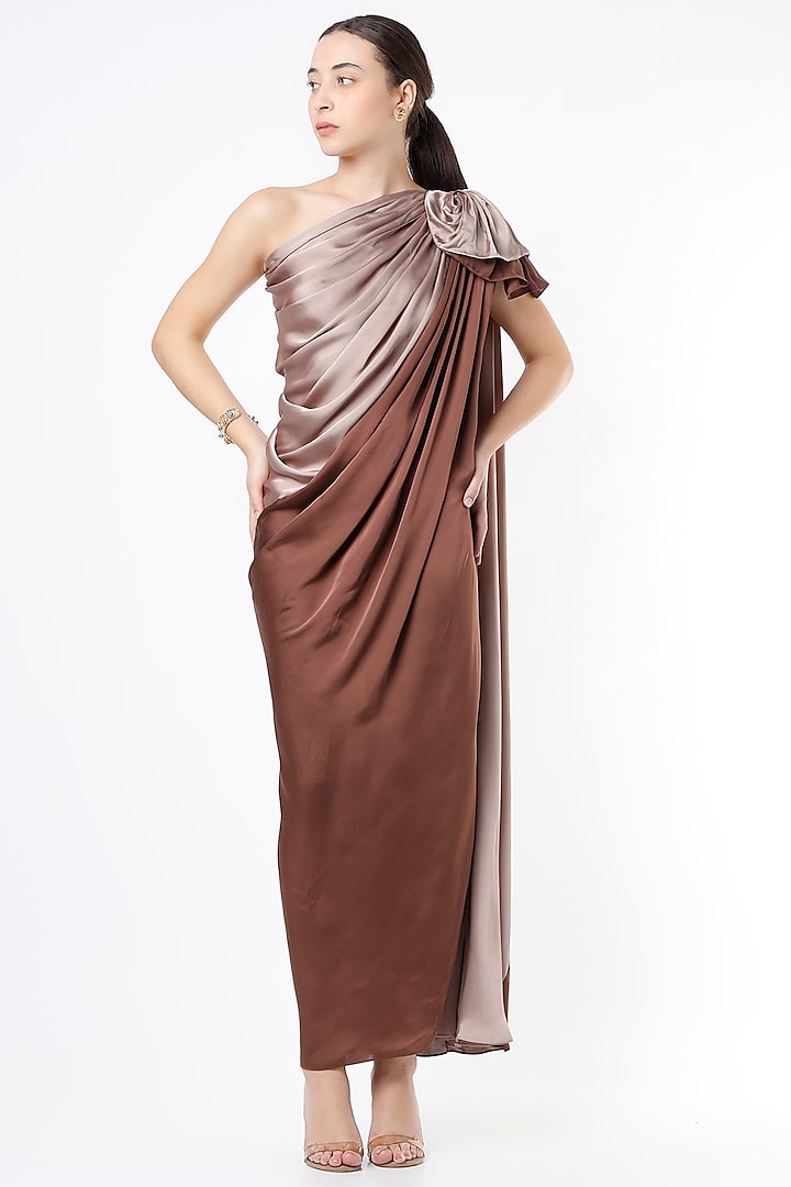 Brown Draped Dress With Detachable Overlap by NA-KA