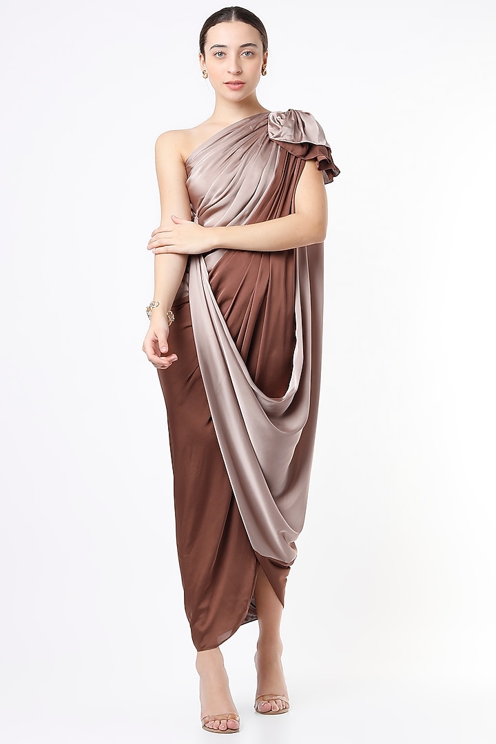 Brown Draped Summer Dress With Detachable Overlap by NA-KA at Pernia's Pop Up Shop