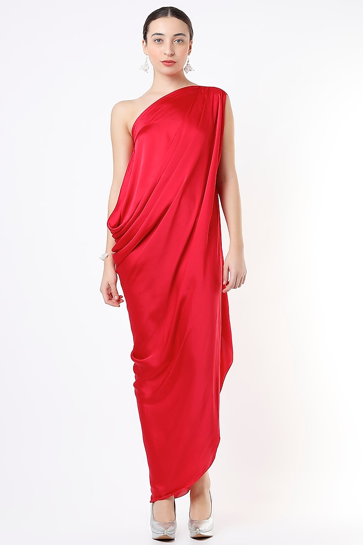 Red One-Shoulder Draped Gown by NA-KA
