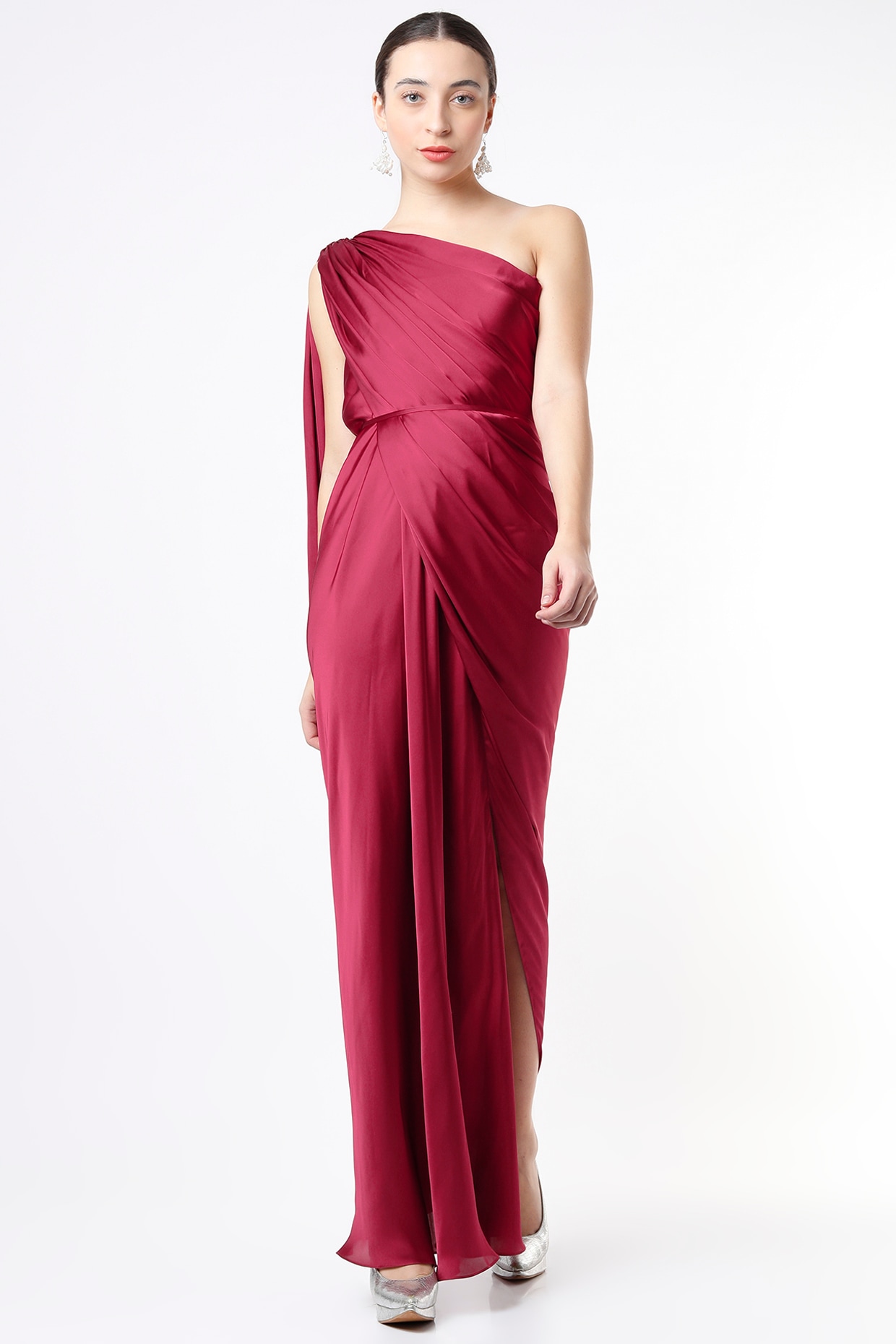 Shop Red One-Shoulder Embellished Drape Dress by AAKAAR at House of  Designers – HOUSE OF DESIGNERS