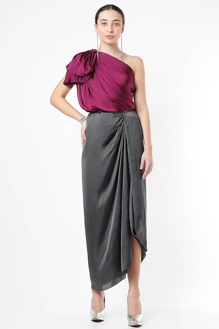 Wine & Grey Satin Skirt Set by NA-KA
