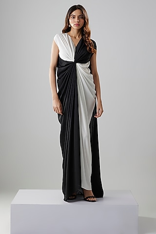 Black & White Double Georgette Color-Blocked Gown by NA-KA