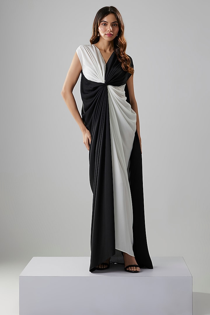 Black & White Double Georgette Color-Blocked Gown by NA-KA at Pernia's Pop Up Shop