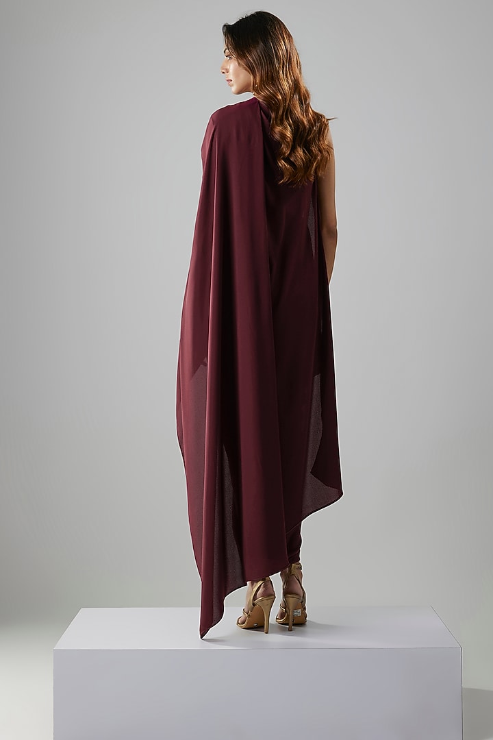Wine Double Georgette Color-Blocked One-Shoulder Gown by NA-KA at Pernia's Pop Up Shop