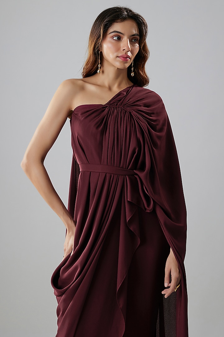 Wine Double Georgette Color-Blocked One-Shoulder Gown by NA-KA at Pernia's Pop Up Shop