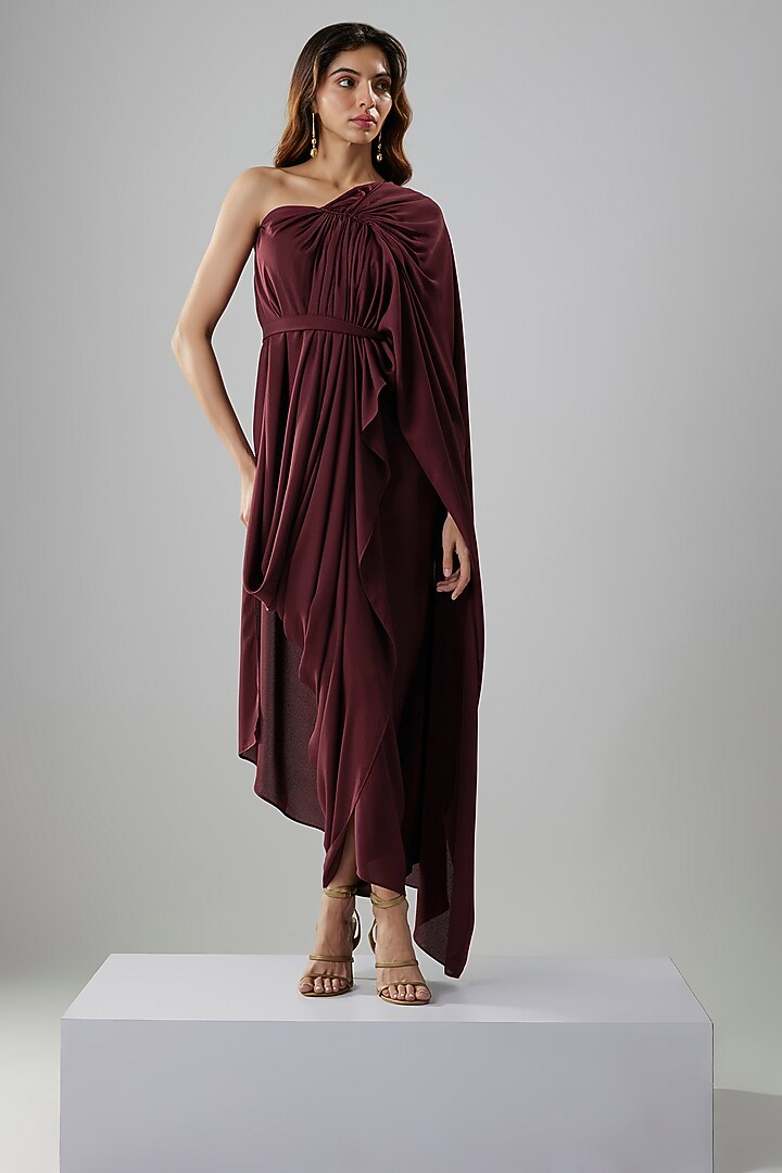 Wine Double Georgette Color-Blocked One-Shoulder Gown by NA-KA at Pernia's Pop Up Shop