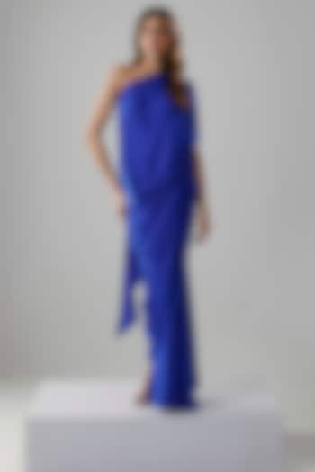 Electric Blue Double Georgette One-Shoulder Gown by NA-KA at Pernia's Pop Up Shop