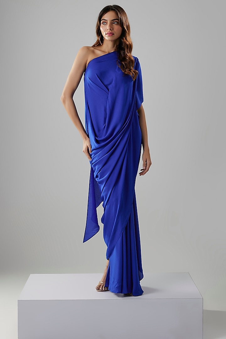 Electric Blue Double Georgette One-Shoulder Gown by NA-KA at Pernia's Pop Up Shop