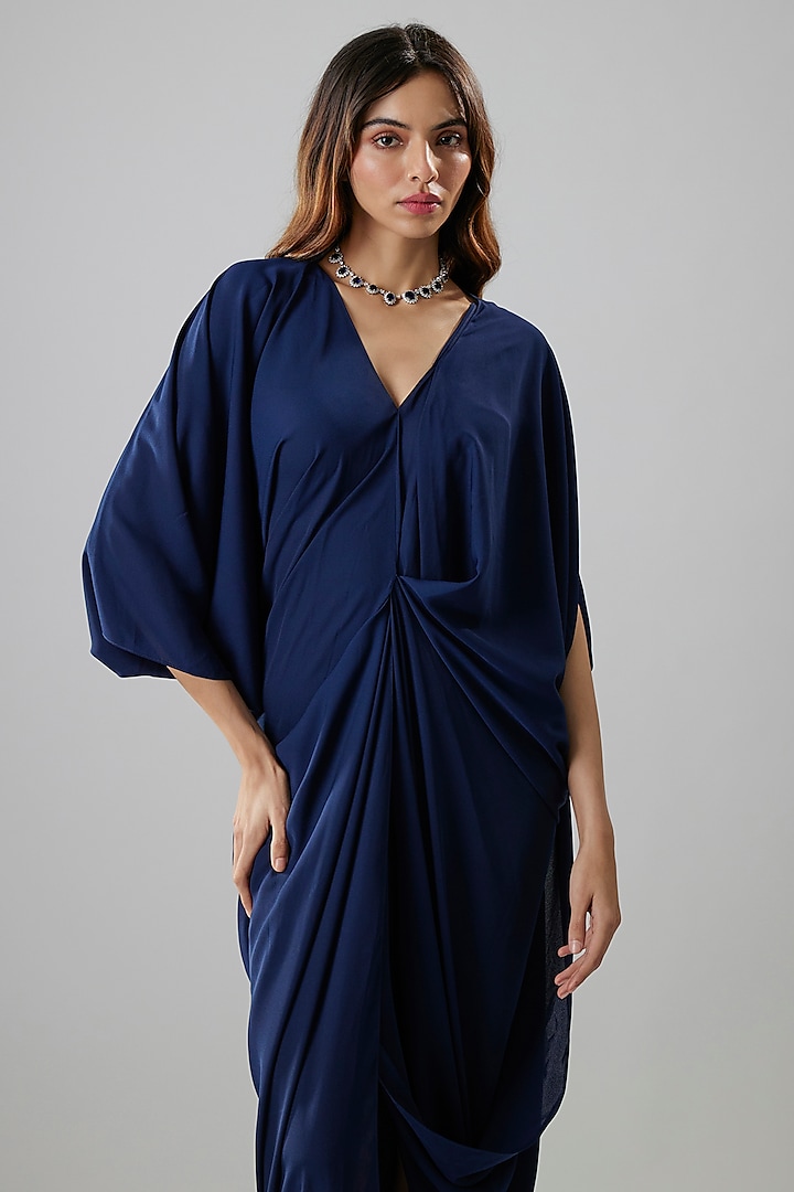 Navy Double Georgette Draped Summer Dress by NA-KA at Pernia's Pop Up Shop