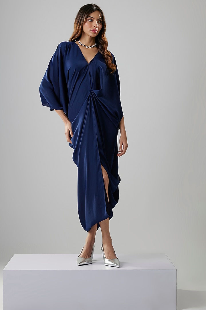 Navy Double Georgette Draped Summer Dress by NA-KA at Pernia's Pop Up Shop