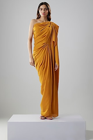 Mustard Double Georgette One-Shoulder Gown by NA-KA