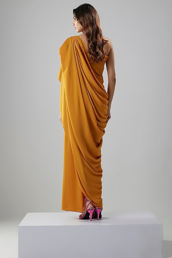 Mustard Double Georgette One-Shoulder Gown by NA-KA at Pernia's Pop Up Shop
