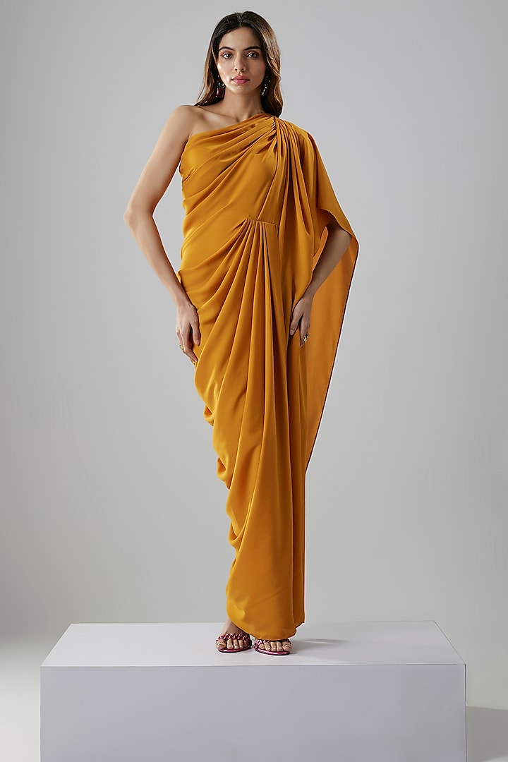 Mustard Double Georgette One-Shoulder Gown by NA-KA at Pernia's Pop Up Shop