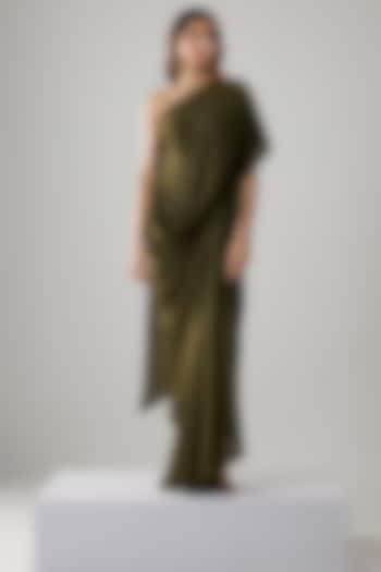 Olive Green Double Georgette One-Shoulder Gown by NA-KA at Pernia's Pop Up Shop