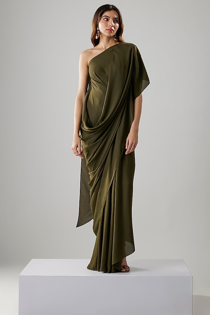 Olive Green Double Georgette One-Shoulder Gown by NA-KA at Pernia's Pop Up Shop