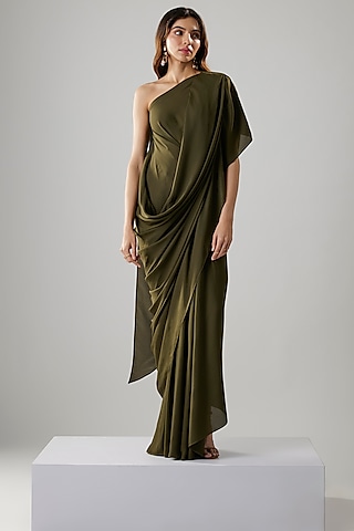 Olive Green Double Georgette One-Shoulder Gown by NA-KA