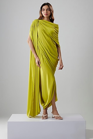 Lime Green Double Georgette One-Shoulder Gown by NA-KA