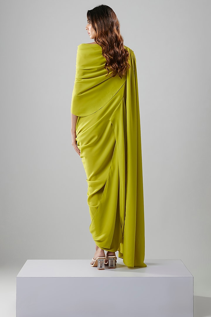 Lime Green Double Georgette One-Shoulder Gown by NA-KA at Pernia's Pop Up Shop