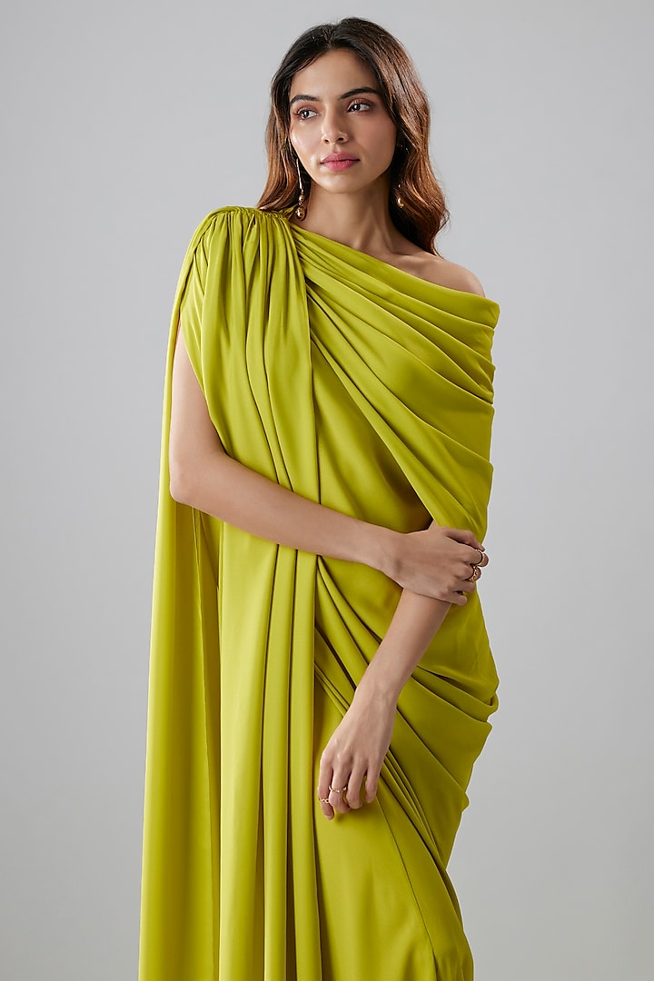 Lime Green Double Georgette One-Shoulder Gown by NA-KA at Pernia's Pop Up Shop