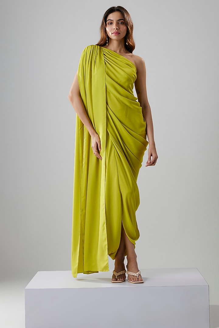 Lime Green Double Georgette One-Shoulder Gown by NA-KA at Pernia's Pop Up Shop