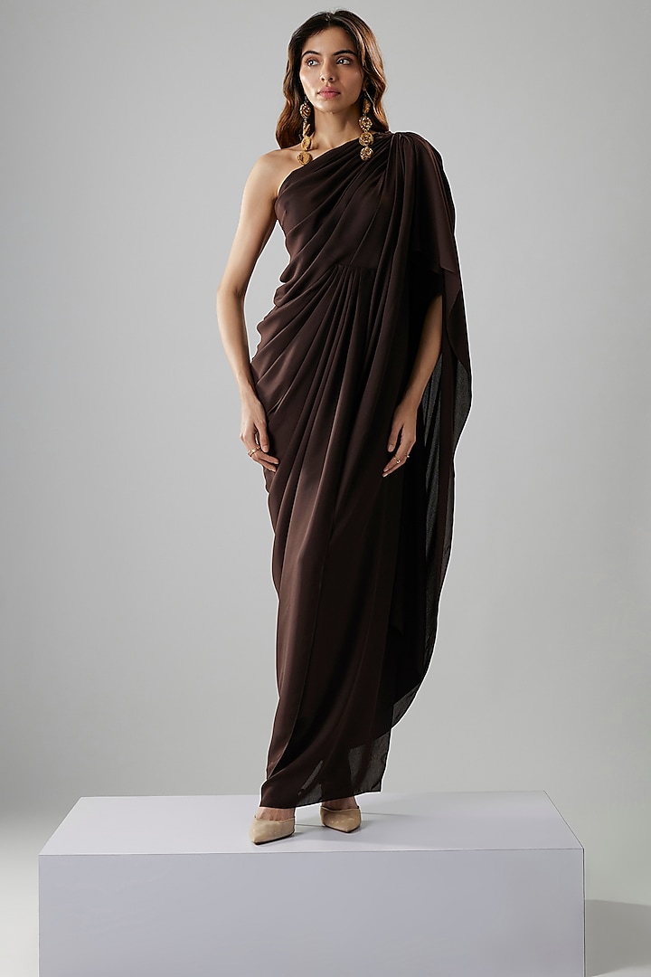 Dark Brown Double Georgette One-Shoulder Gown by NA-KA at Pernia's Pop Up Shop