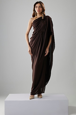 Dark Brown Double Georgette One-Shoulder Gown by NA-KA