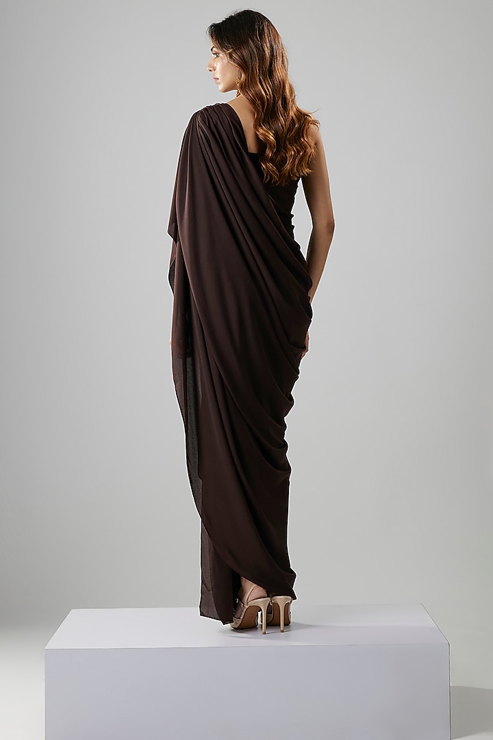 Dark Brown Double Georgette One-Shoulder Gown by NA-KA at Pernia's Pop Up Shop
