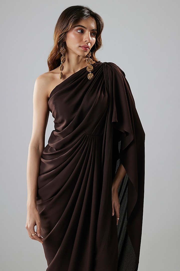 Dark Brown Double Georgette One-Shoulder Gown by NA-KA at Pernia's Pop Up Shop