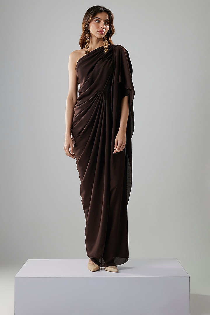 Dark Brown Double Georgette One-Shoulder Gown by NA-KA at Pernia's Pop Up Shop