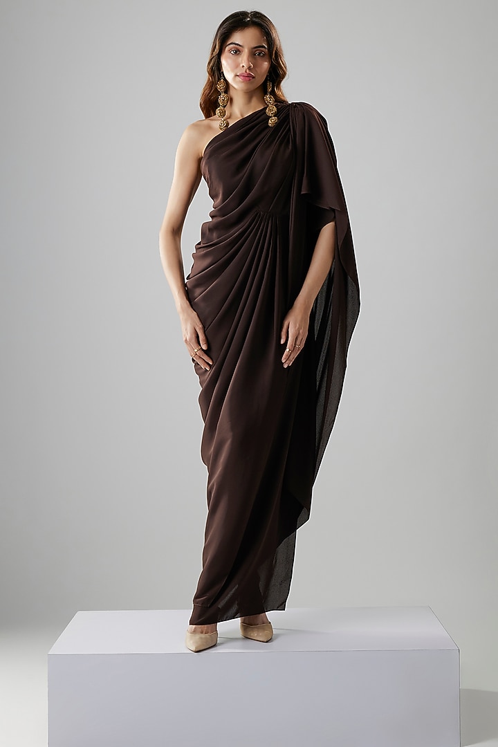 Dark Brown Double Georgette One-Shoulder Gown by NA-KA at Pernia's Pop Up Shop