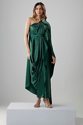 Emerald Green Satin One-Shoulder Gown by NA-KA