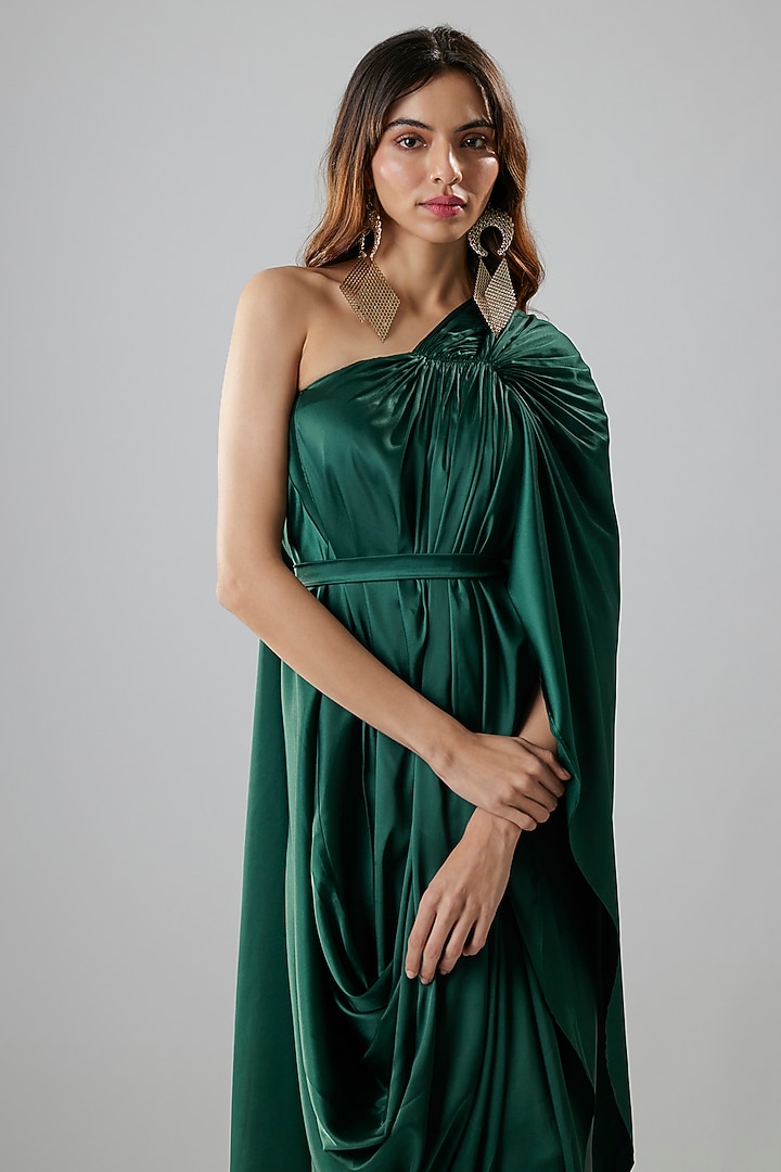 Emerald Green Satin One-Shoulder Gown by NA-KA at Pernia's Pop Up Shop