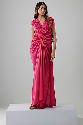 Fuschia Pink Double Georgette Pleated Gown by NA-KA