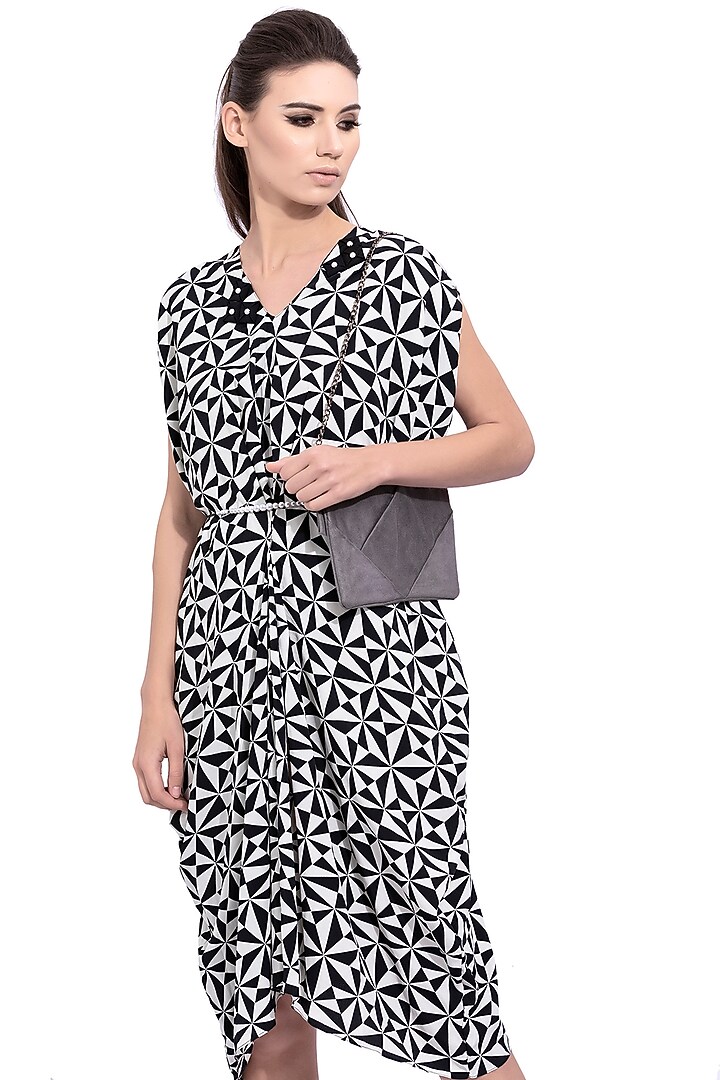 Black Geometric Printed Summer Dress With Belt by Na-ka at Pernia's Pop Up Shop