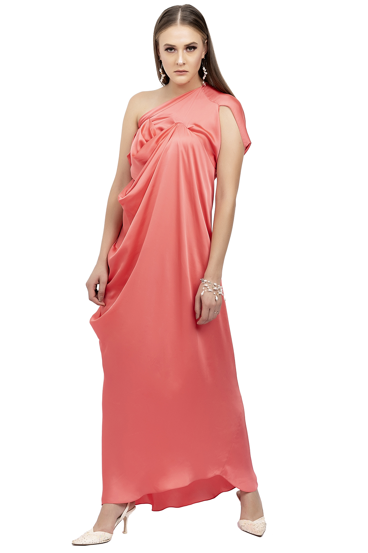 Peach One Shoulder Dress Design By Na Ka At Pernia S Pop Up Shop 21