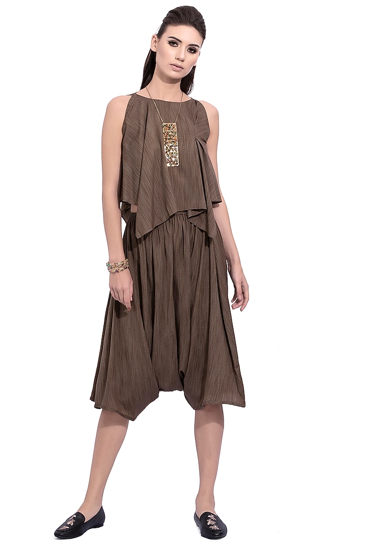 Olive Green Striped Top With Draped Skirt by Na-ka at Pernia's Pop Up Shop