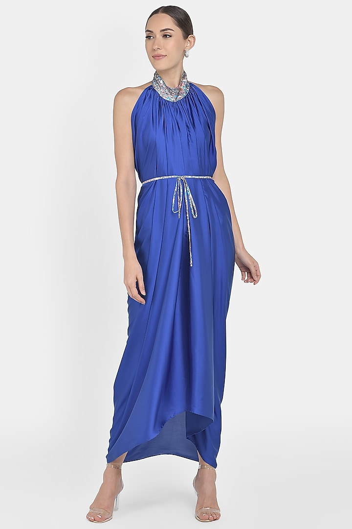 Cobalt Blue Digital Printed Draped Summer Dress by Na-Ka at Pernia's Pop Up Shop