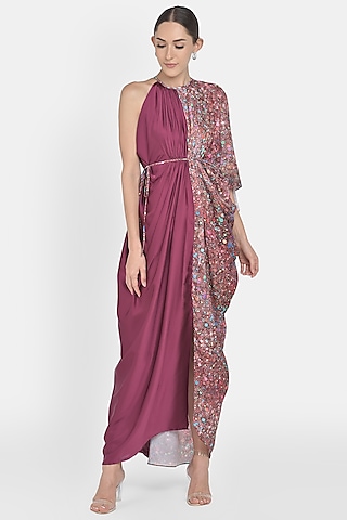 Wine Digital Printed Draped Dress by Na-Ka