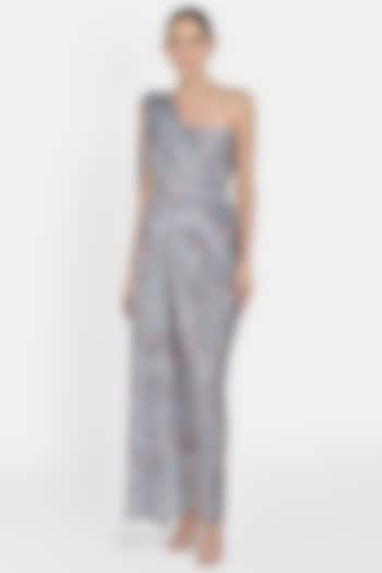 Grey Printed Draped Gown by Na-Ka at Pernia's Pop Up Shop