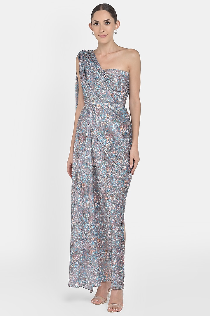 Grey Printed Draped Gown by Na-Ka at Pernia's Pop Up Shop