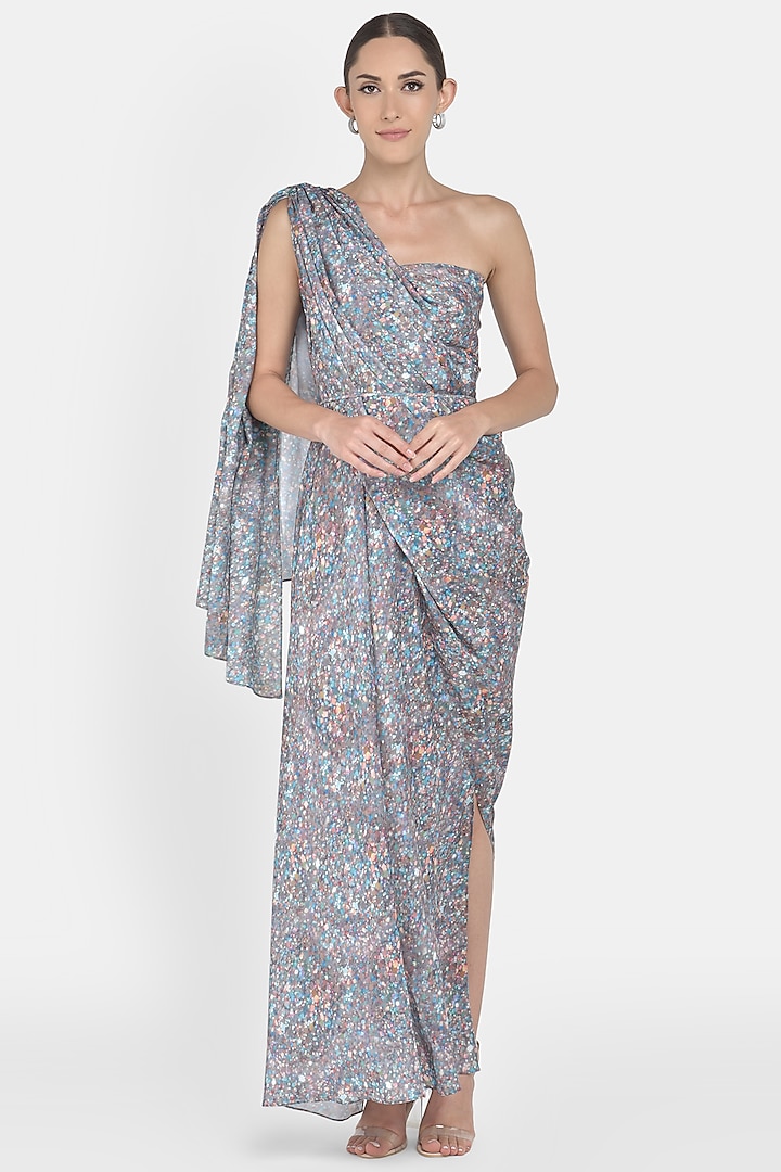 Grey Printed Draped Gown by Na-Ka at Pernia's Pop Up Shop