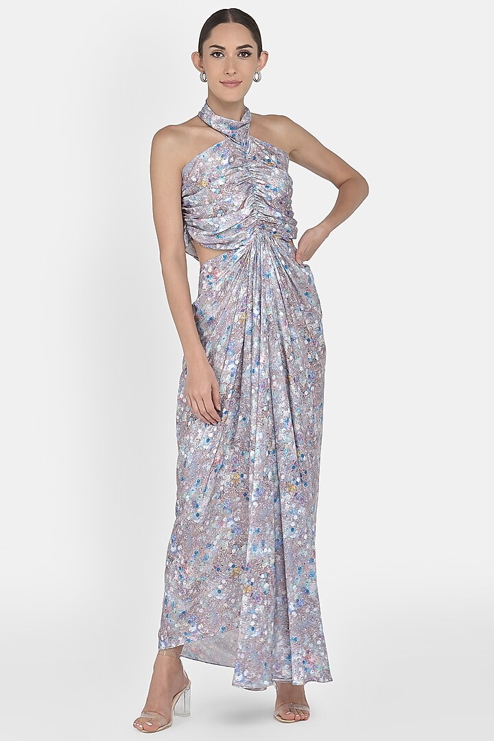 Grey Printed Gathered Gown by Na-Ka at Pernia's Pop Up Shop