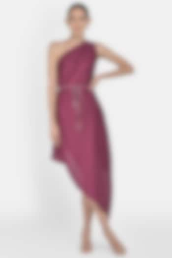 Wine Digital Printed Asymmetric Draped Dress by Na-Ka at Pernia's Pop Up Shop