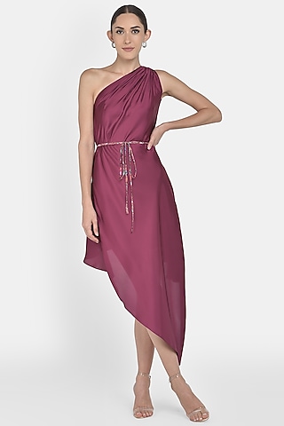 Wine Digital Printed Asymmetric Draped Dress by Na-Ka