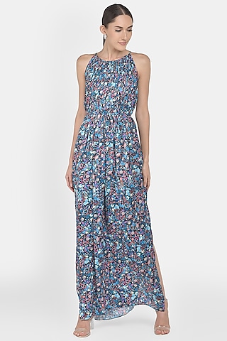 Cobalt Blue Digital Printed Draped Gown by Na-Ka