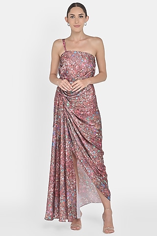 Wine Digital Printed Draped Gown by Na-Ka