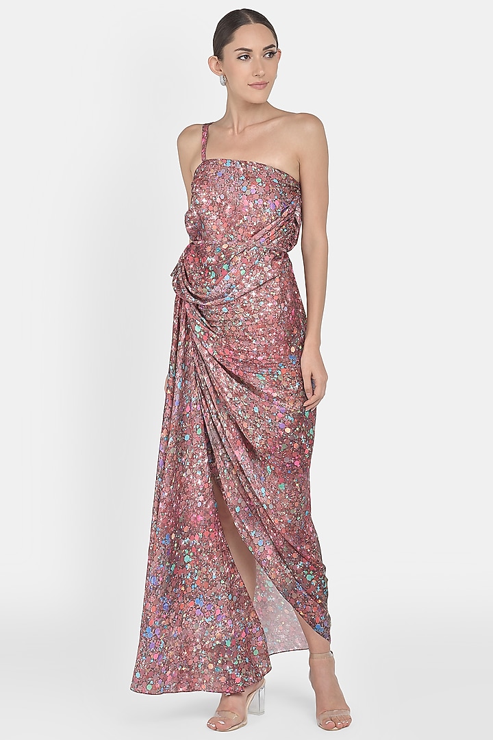 Wine Digital Printed Draped Gown by Na-Ka at Pernia's Pop Up Shop