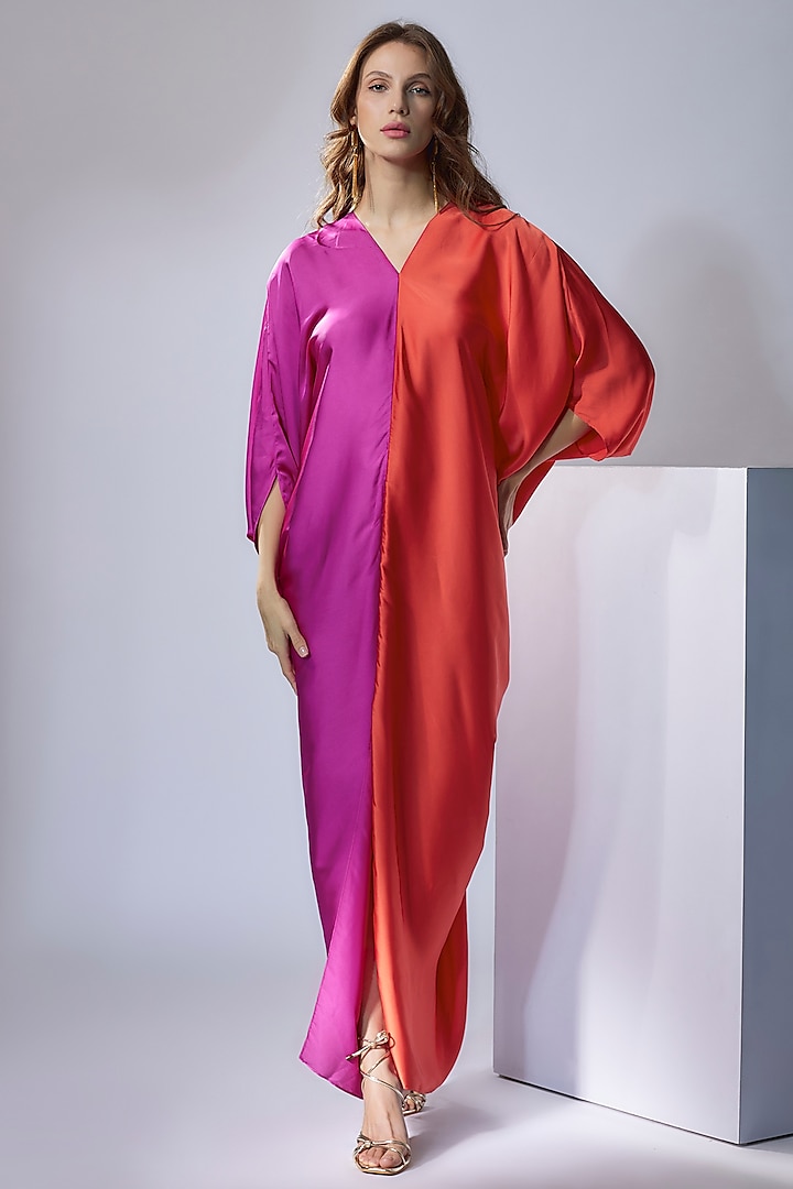 Pink & Orange Satin Kaftan Styled Gown by NA-KA