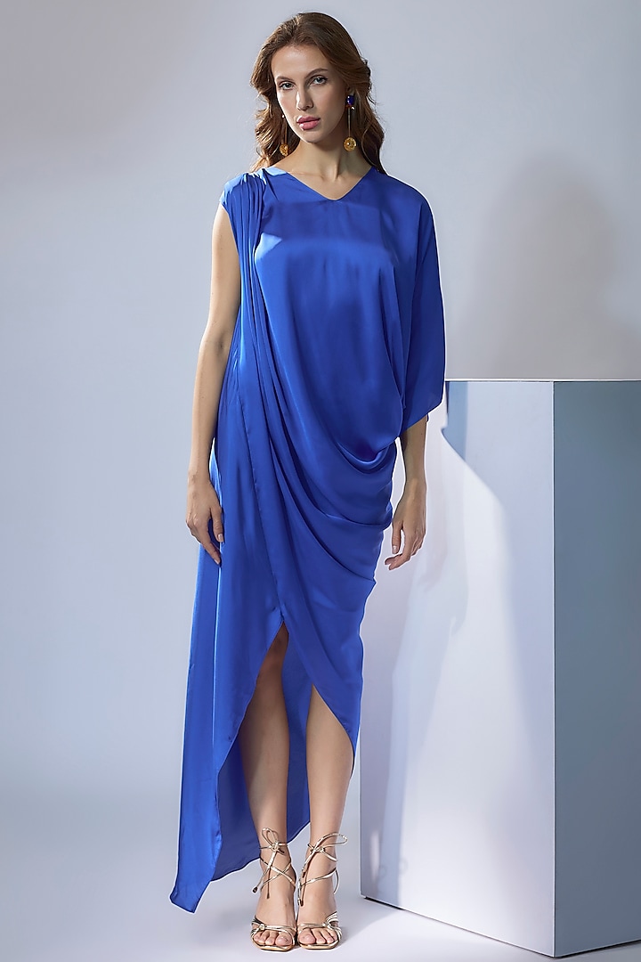 Electric Blue Satin Draped Summer Dress by NA-KA at Pernia's Pop Up Shop