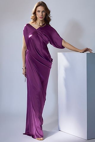 Wine Satin Draped Gown by NA-KA